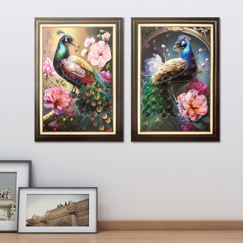 3d Layer Stickers Two-Piece Peacock Painting with Photo Frame Stickers Living Room Entrance Decorative Painting Wall Ugly Wall Stickers Wholesale