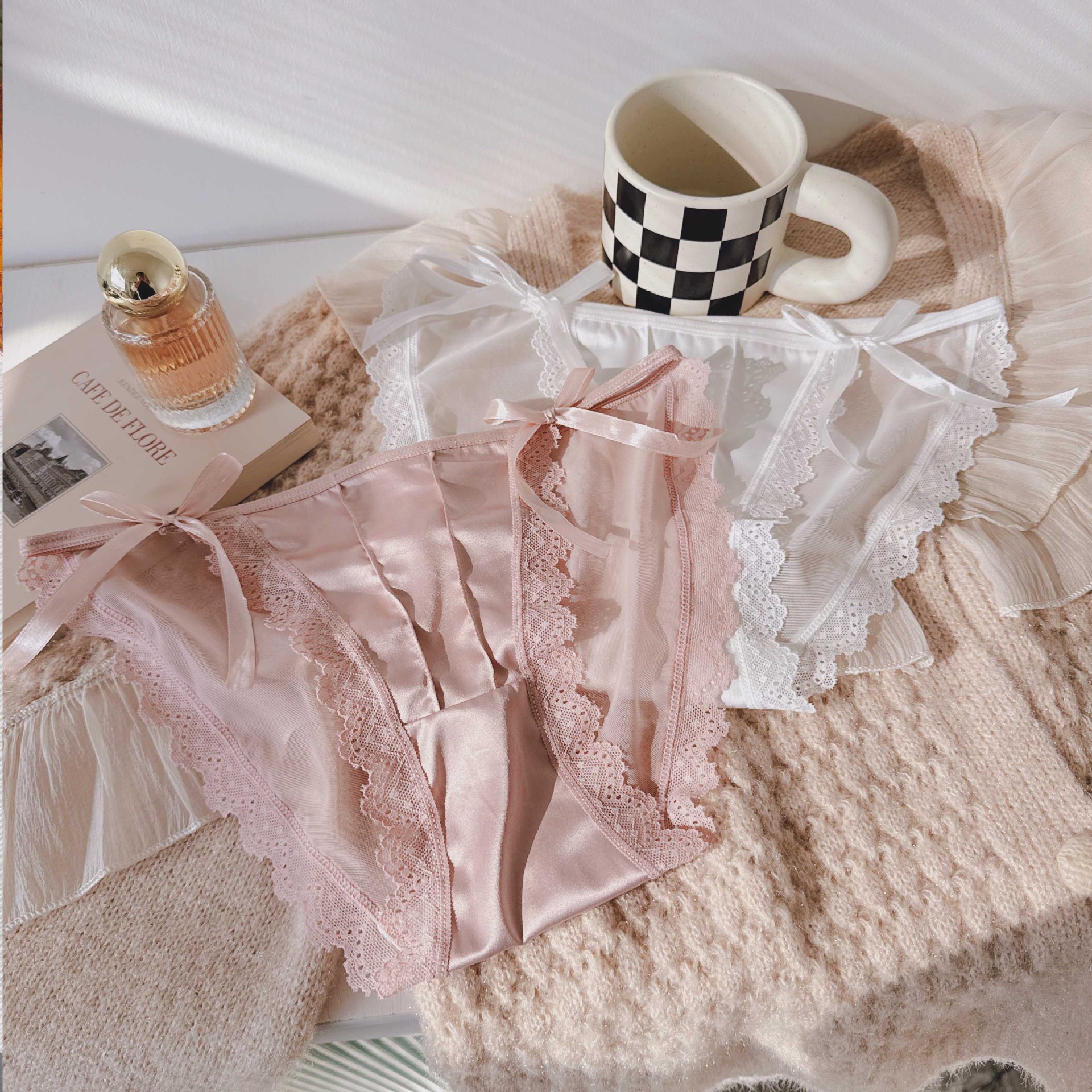 性感高开叉蕾丝内裤女甜美蝴蝶结透气网纱低腰少女三角裤跨境希音