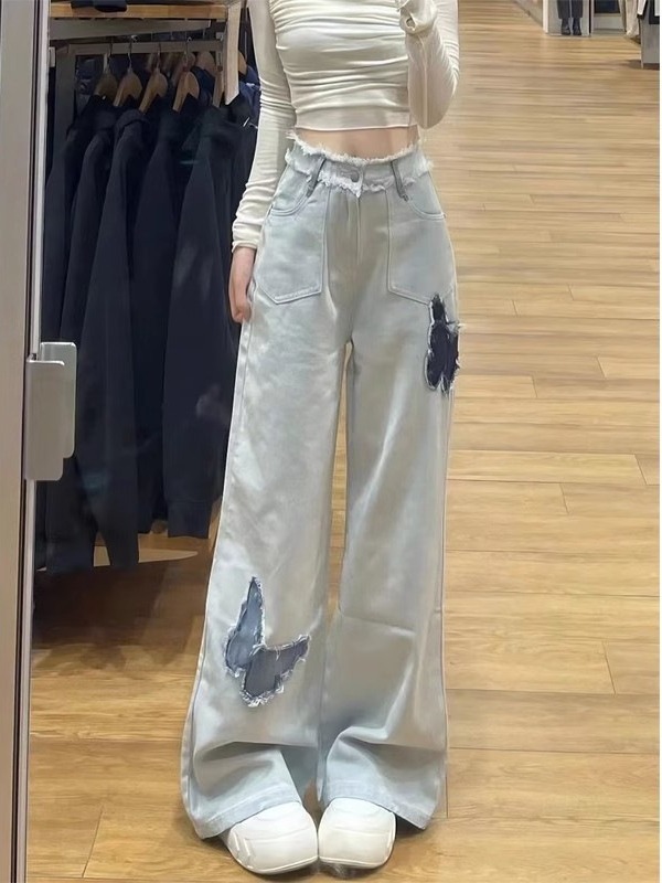 light blue rough edges butterfly straight jeans women‘s autumn new embroidery design sense high waist loose and slimming wide leg pants