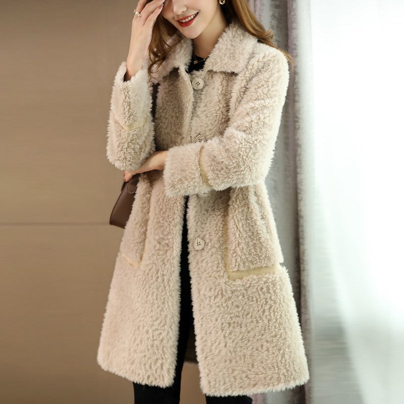 皮毛一体外套女冬装2023新款时尚羊剪绒中长款皮草羊毛大衣加厚潮