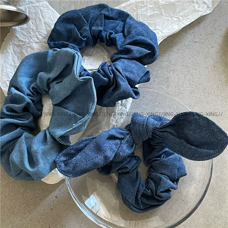 气质牛仔蓝布艺大肠圈发圈 可爱兔耳朵蝴蝶结发绳马尾扎头发皮筋