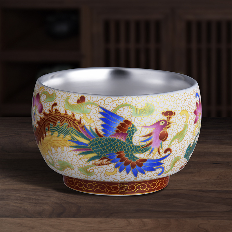 Silver Gilded Dragon and Phoenix Tea Cup 999 Silver Tea Cup Silver Bowl Porcelain Master Cup Painted Craft Creative Gift Teaware Set