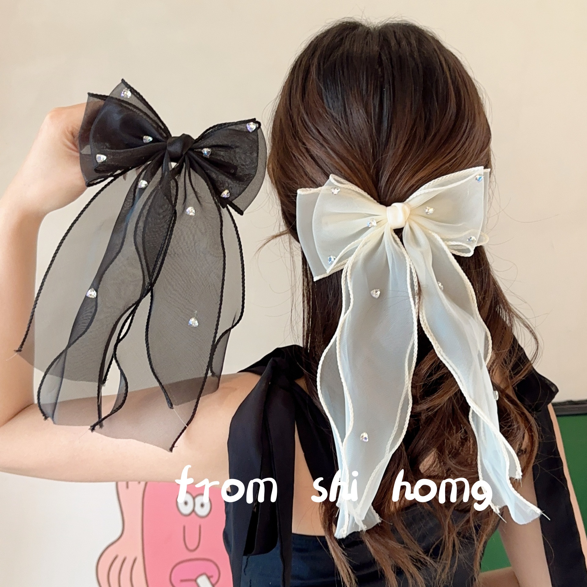 珍珠飘带蝴蝶结发夹~甜美网纱夹子后脑勺半扎发公主头显脸小发饰