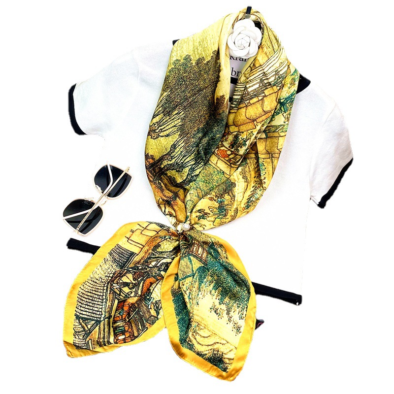 New Emulation Silk Scarf Women's Spring and Summer Ancient Style Qingming River Map Scarf Versatile Chinese Style Square Scarf Wholesale