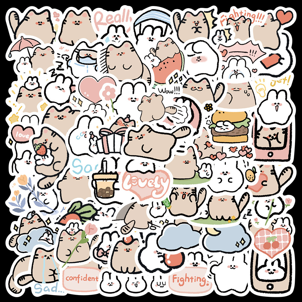 50张原创可爱猫和兔动物手帐贴画行李箱玩具手机书本水杯防水贴纸