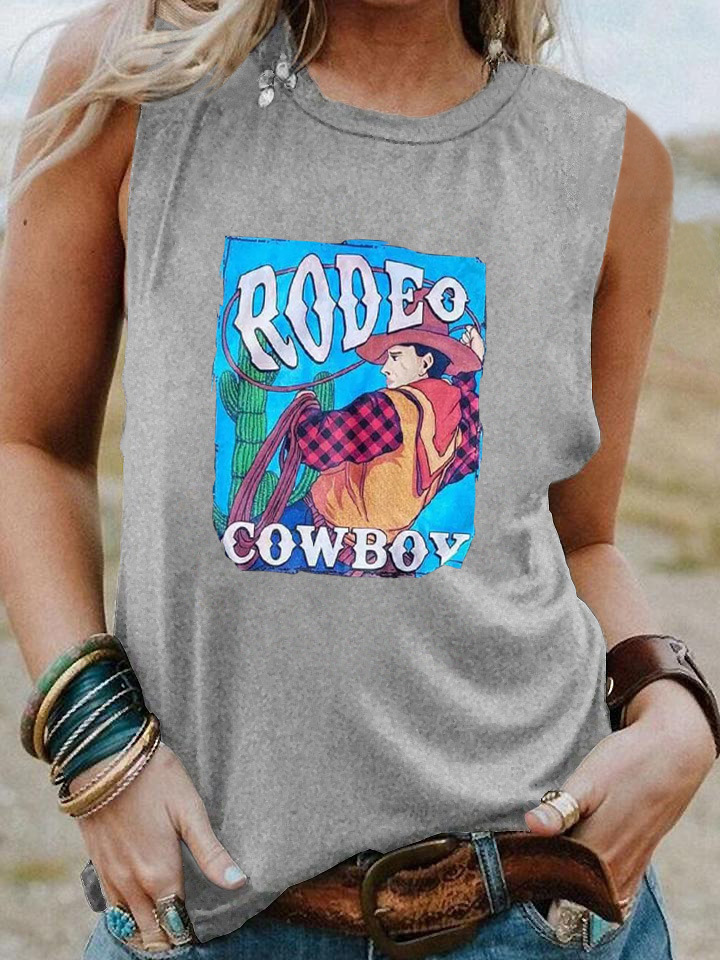rooeo cowboy牛仔印花 欧美宽松休闲无袖背心t恤女 定制一件外贸