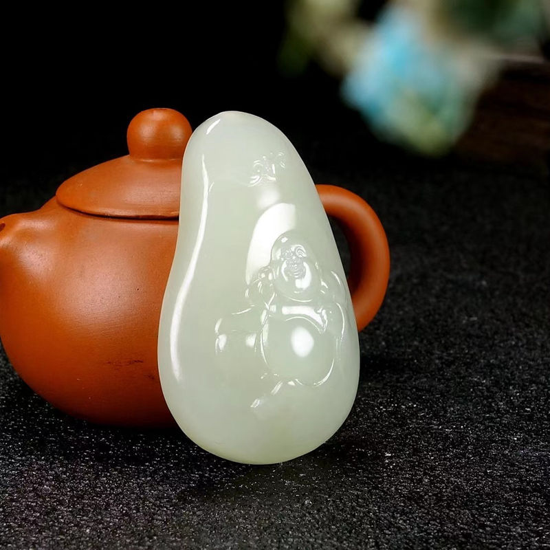 温润斋新疆和田玉青海料荔枝冻玉石笑佛挂件玉器弥勒佛吊坠玉佛公