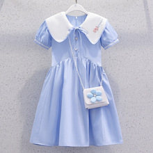 韩版中大女童学院风连衣裙2024夏季薄款洋气裙子娃娃领短袖公主裙
