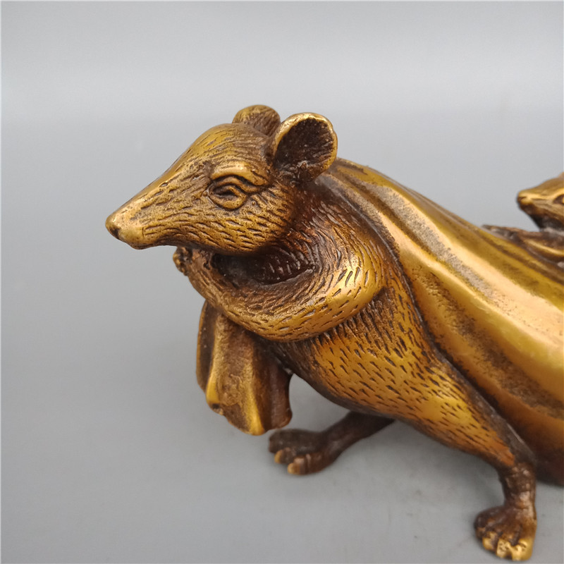 仿古纯铜十二生肖老鼠鼠背钱袋五鼠运财黄金袋代代数钱招财鼠摆件