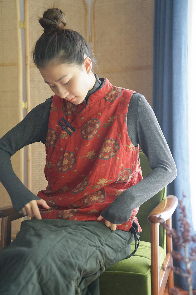 原创复古中国风数码印花亚麻加棉背心民国斜襟撞色加厚马甲m21320