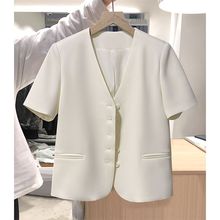 白色短袖西装外套女2024夏季新款薄款V领宽松时尚气质小个子西服
