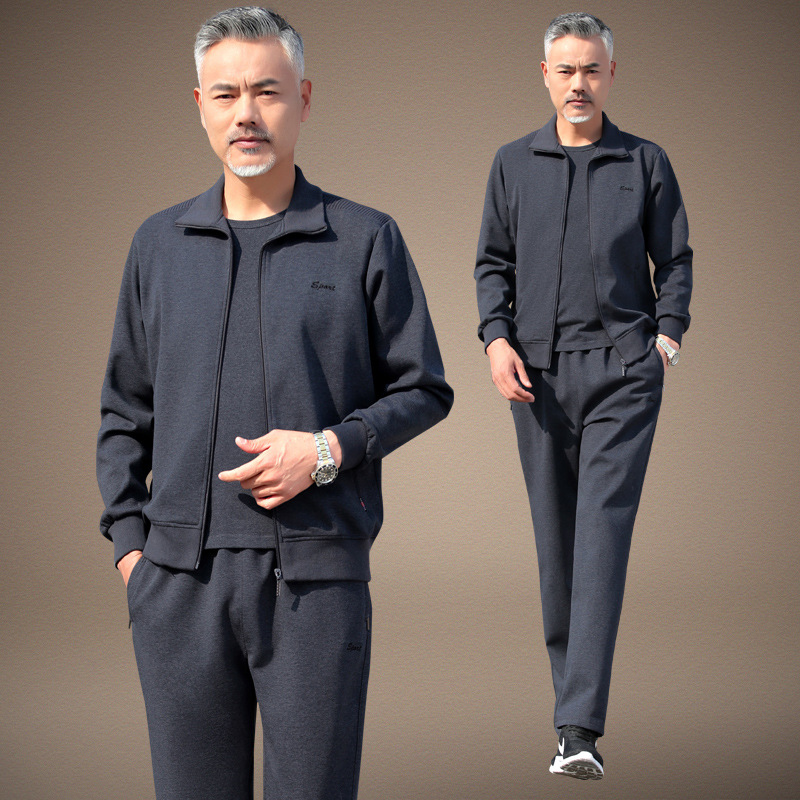sportswear suit men‘s spring and autumn middle-aged and elderly cotton long-sleeved winter loose dad cardigan casual two-piece suit