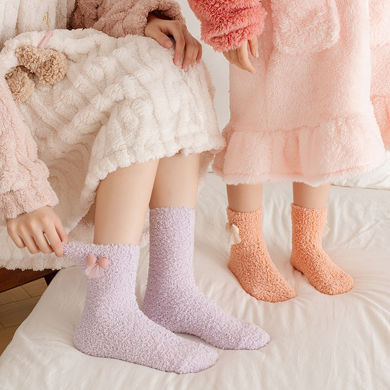Socks Winter Solid Color Parent-Child Socks Children's Thick Coral Fleece Sleeping Socks Cute Bow Floor Socks Wholesale