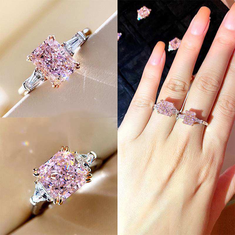 hw雷迪恩切割长方粉钻戒指镀18k金甜美气质方钻戒ins风小众设计