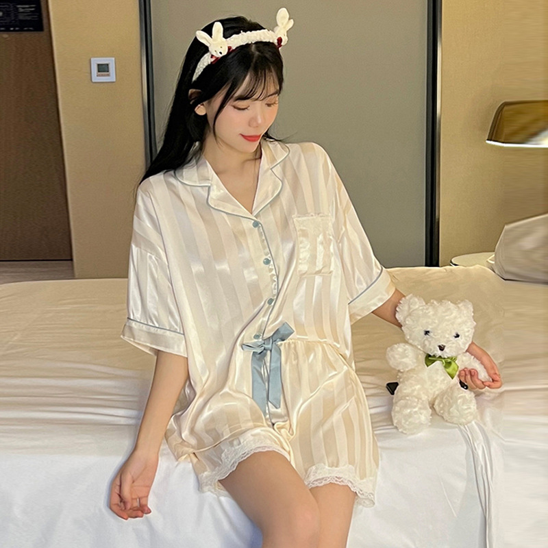 Summer Thin Ice Silk Pajamas Women's High-Grade Sweet Cute Short Sleeve Artificial Silk Outerwear Homewear Suit