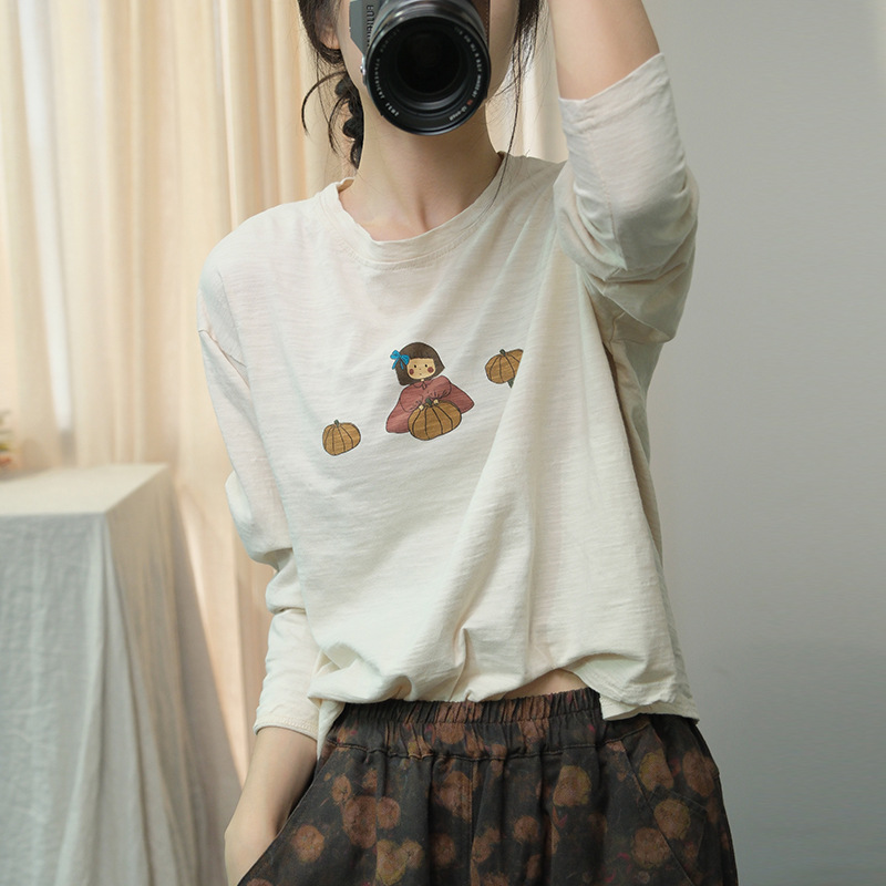 素凡卡秋季新款日系小清新淑女文艺卡通图案上衣棉麻t恤衫女6221