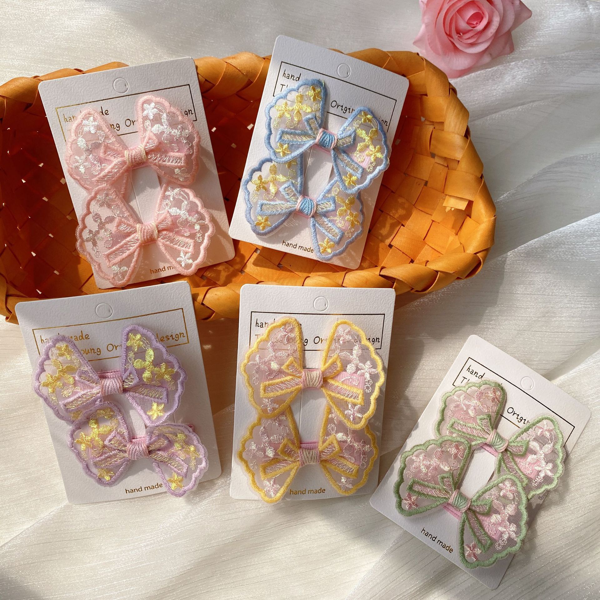 children‘s lace embroidered bow barrettes female south korea girl candy color duckbill clip fabric side bang clip