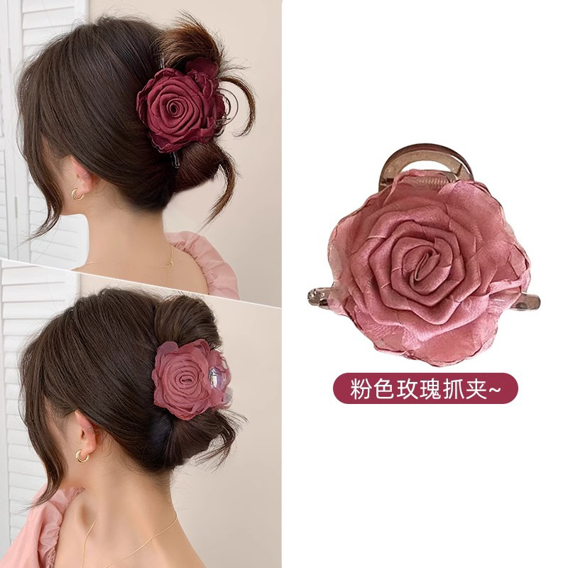 法式抓夹新款半扎发夹后脑勺夹子头饰玫瑰花朵发圈皮筋女扎头发绳