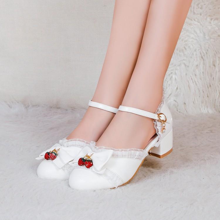 粗跟甜美女童中空凉鞋一字扣带中大童白色公主鞋礼服高跟鞋女孩40