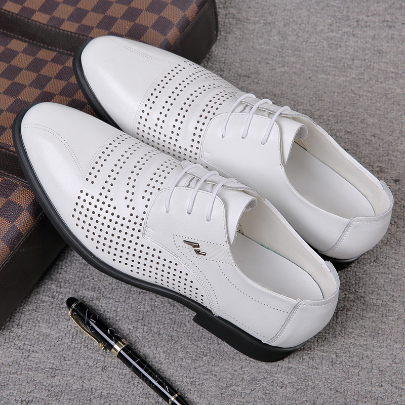夏季皮鞋男真皮尖头透气男士洞洞休闲商务正装男鞋英伦白色皮凉鞋
