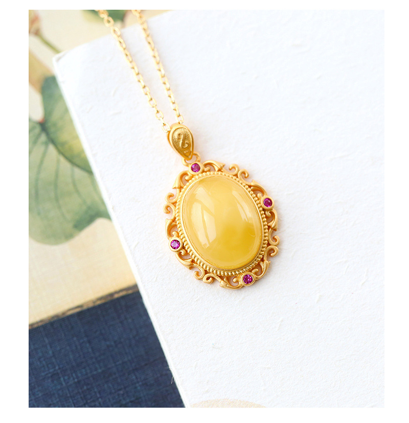 荟宝丽s925银镀金镶嵌琥珀蜜蜡个性气质复古风蛋面吊坠挂坠项链