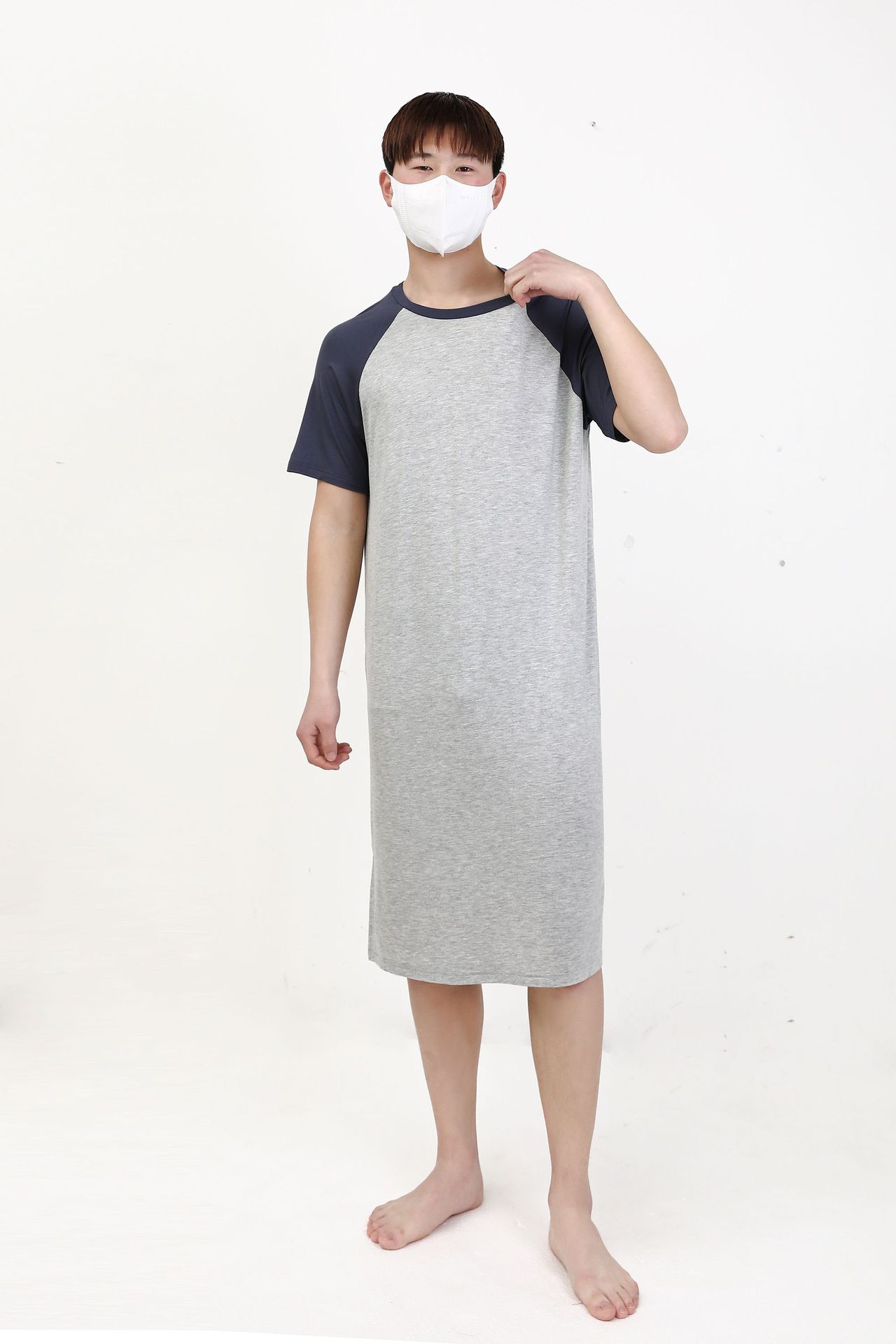 莫代尔男睡衣裙短袖中长款睡袍舒适宽松加大码浴袍居家连衣裙