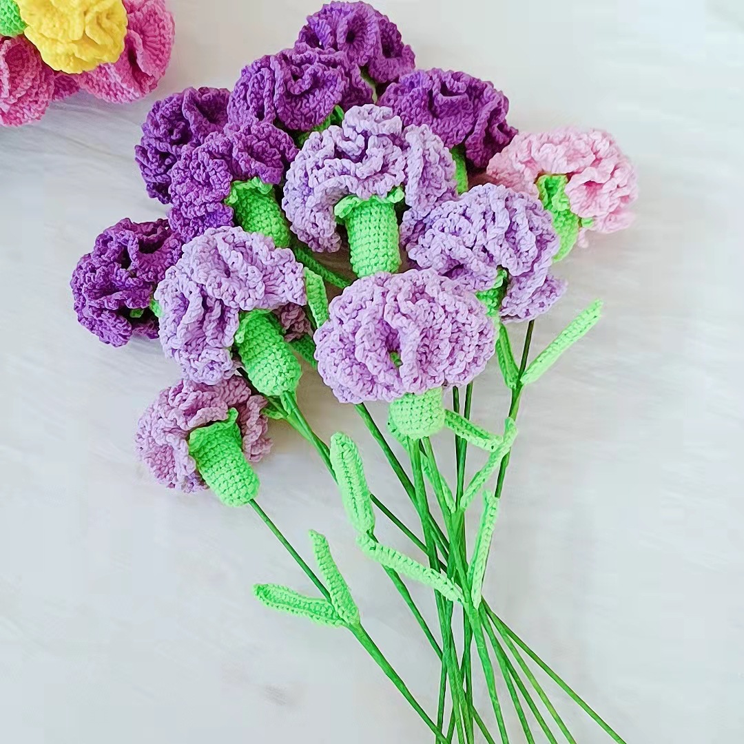 纯手工毛线编织 康乃馨花束 仿真花 节日礼物 编织成品