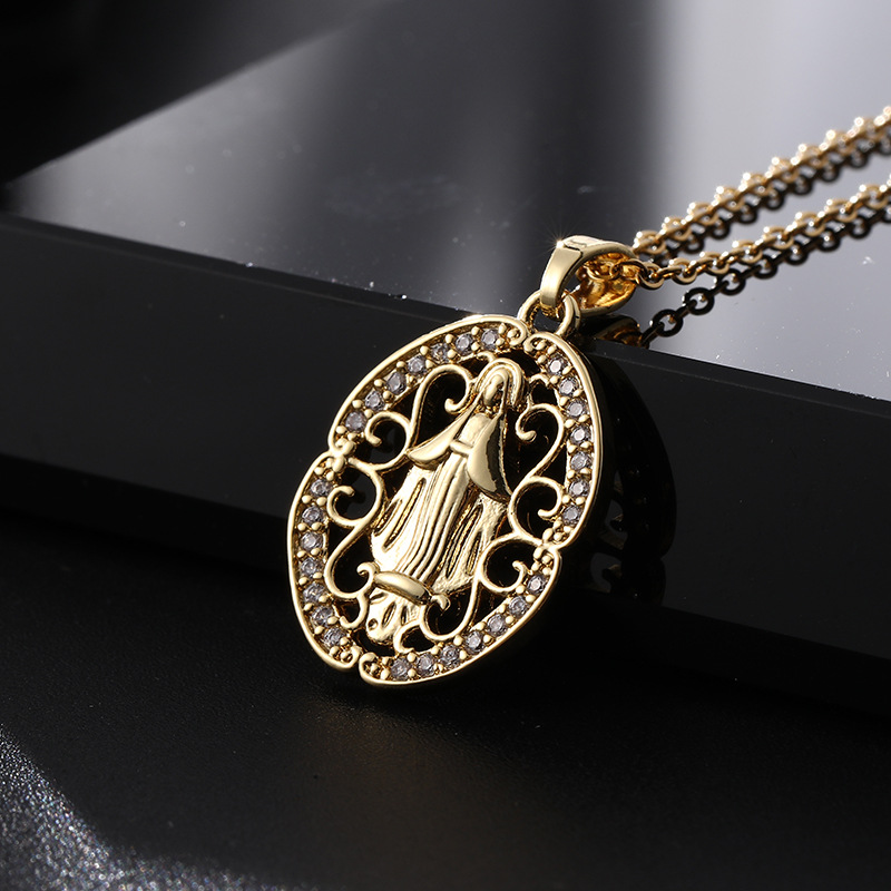 European and American Fashion Cross-Border Religion Copper Micro Inlay Color Zircon Pendant Female Ornament Virgin Mary Necklace