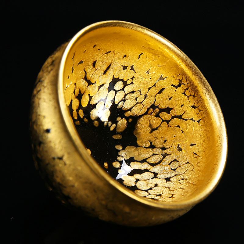 萧家名师手工金油滴建盏主人杯铁胎黄金盏天目盏鎏金陶瓷金盏茶杯