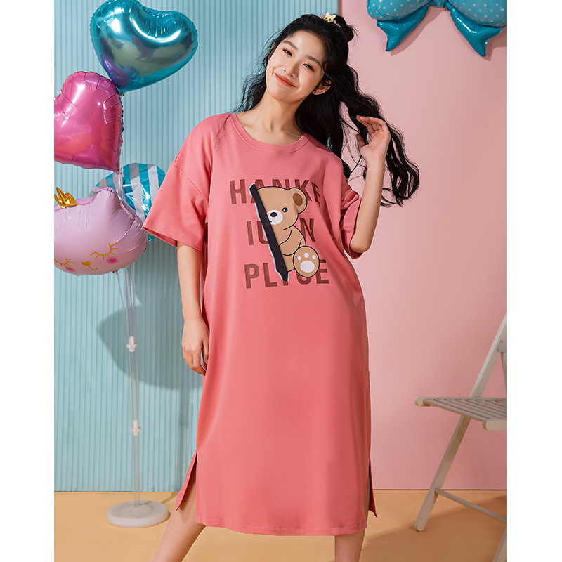 Summer Thin Nightdress Women's Modal with Chest Pad Short Sleeve Outer Wear Mid-Length Pajamas Cartoon plus Size Homewear