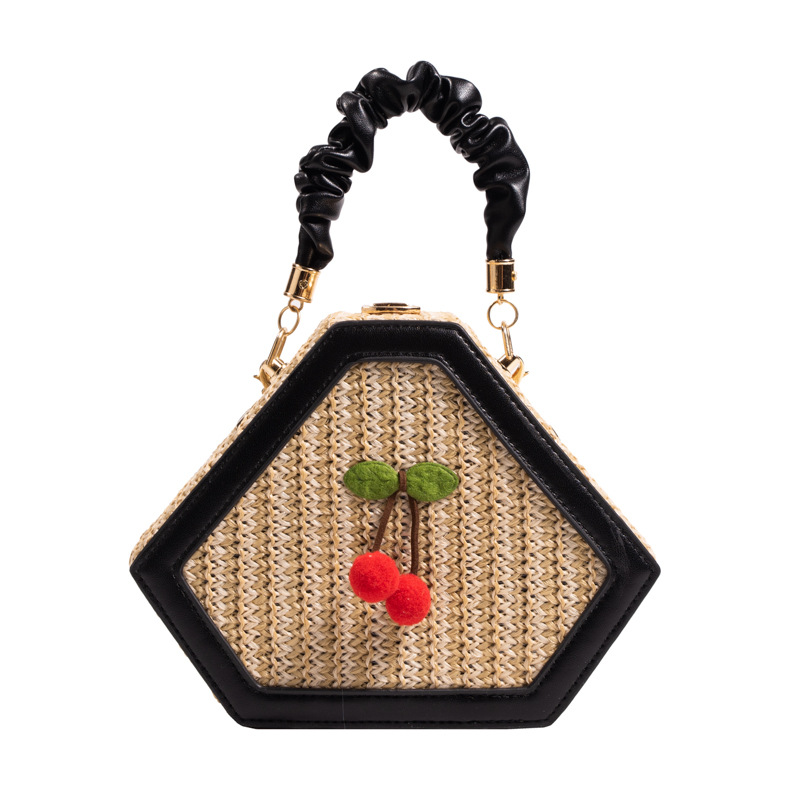 New Summer Straw Bag Cute Small Cherry Shoulder Crossbody Ethnic Style Semi-Circular Saddle Bag Beach Vacation Women's Bag