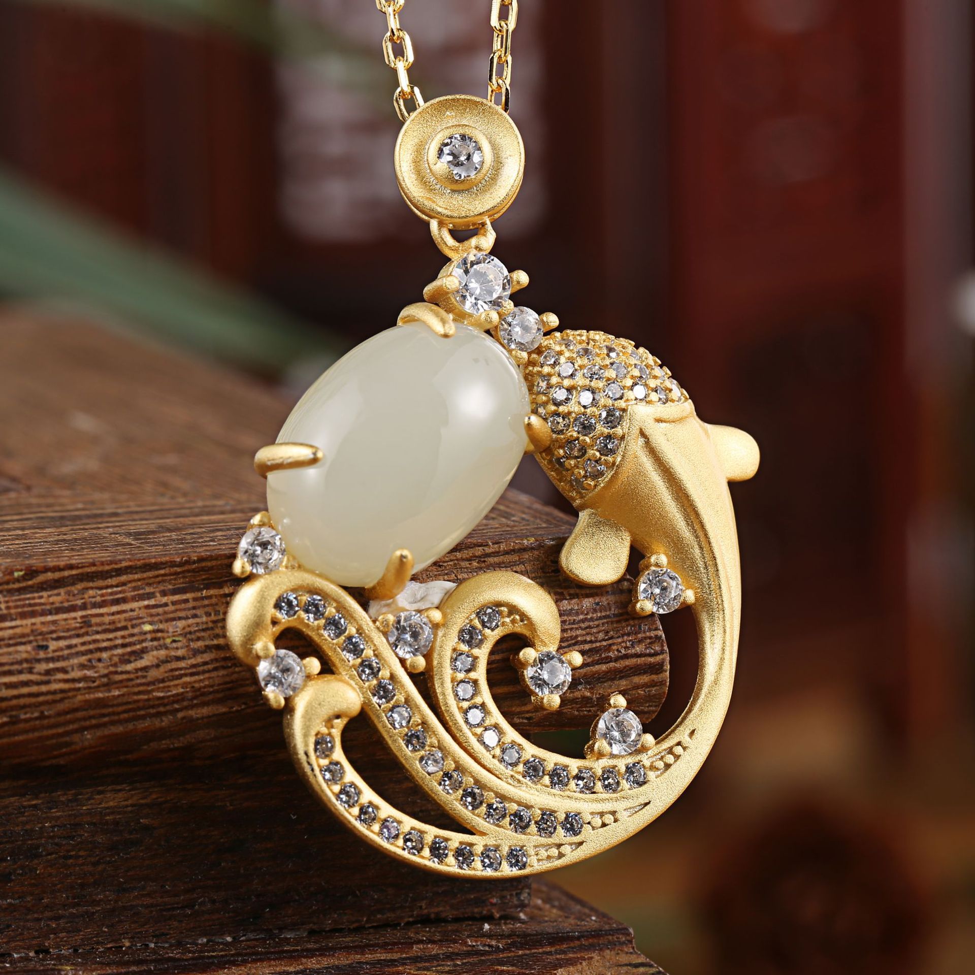 沙金镶青玉年年有鱼古风吊坠项链古典气质精致小巧项坠饰品女士