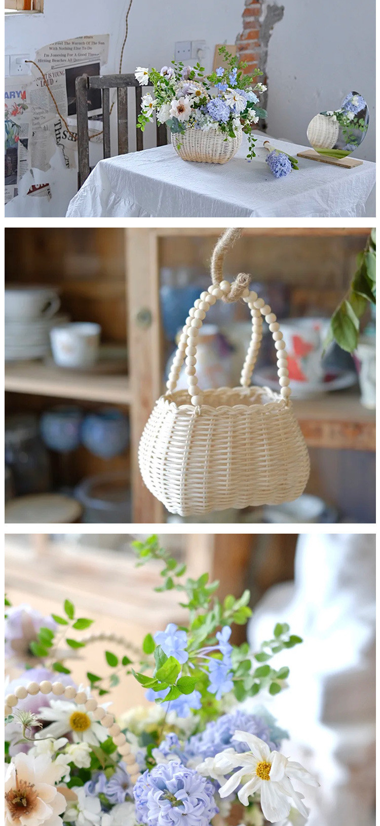 原漾手工编织小花篮印尼藤木珠手提鲜花篮花艺培训插花篮摄影道具