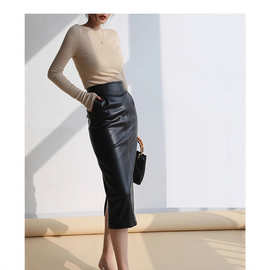25秋冬新款气质PU皮裙中长款包臀裙高腰显瘦开叉半身裙女