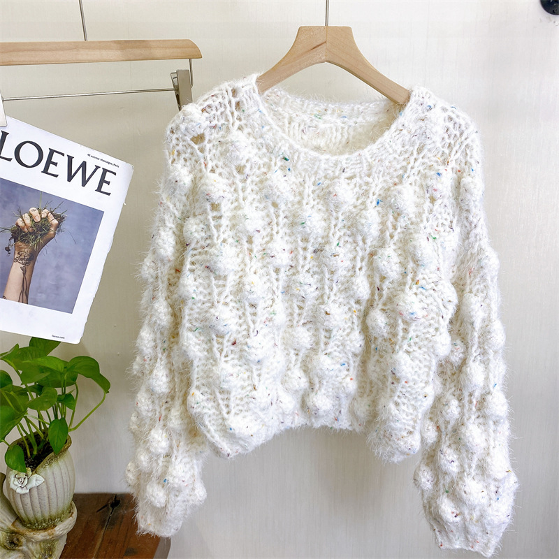 毛绒绒手工编织棒针混色立体套头毛衣宽松外穿上衣甜美减龄女新款