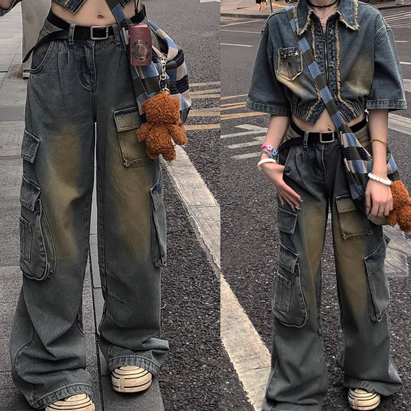 Jinqian 2023 New Style "Workwear Ceiling" Retro Distressed Large Pocket Jeans Trousers All-Matching Wide Leg