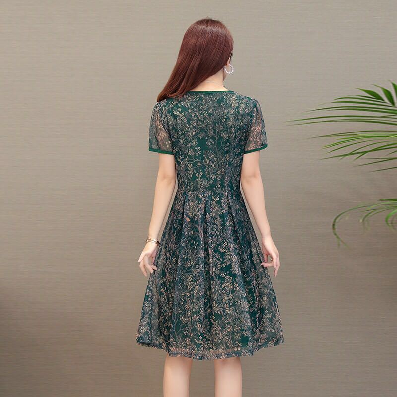 中老年女装夏装雪纺连衣裙40-50岁妈妈装短袖大码修身碎花裙子夏