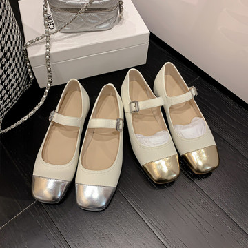 金银拼色玛丽珍鞋女小皮鞋春夏新款里外全皮方头中跟浅口单鞋女鞋