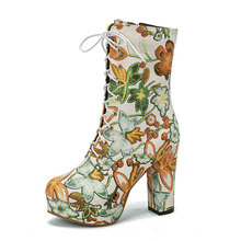女短筒靴秋冬款花朵刺绣粗跟超高跟前系带女及踝靴马丁靴潮流短靴