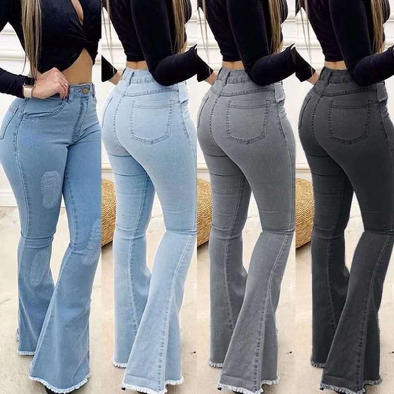   Exclusive for Cross-Border Wish Amazon Hot Selling Women's Jeans Solid Color Slim Fit Sexy High Waist Flared Pants Women's Pants