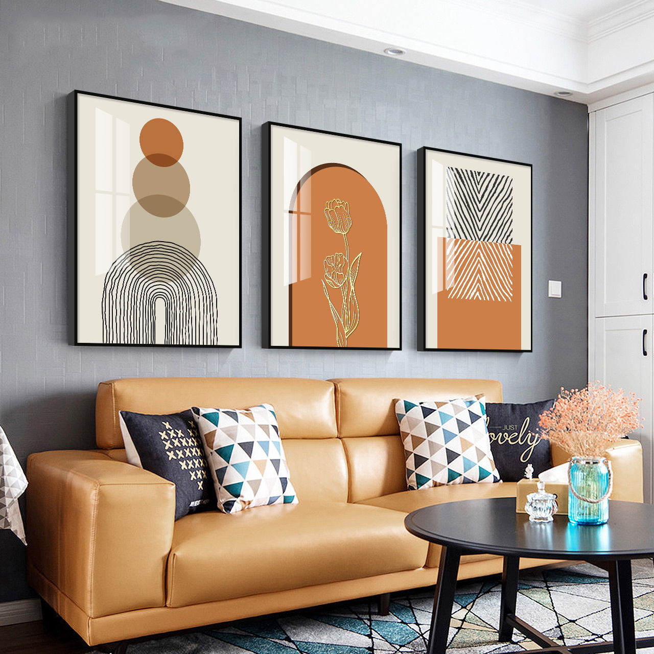 北欧风格客厅装饰画ins抽象人物小众三联画莫兰迪沙发背景墙挂画