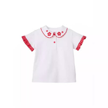 miki日系夏季新款潮牌童装 可爱舒适拼色刺绣小红花花翻领短袖T恤