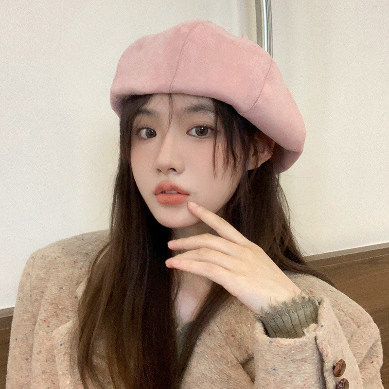 韩版复古粉色贝雷帽子女百搭显脸小云朵帽日系麂皮绒画家帽八角帽
