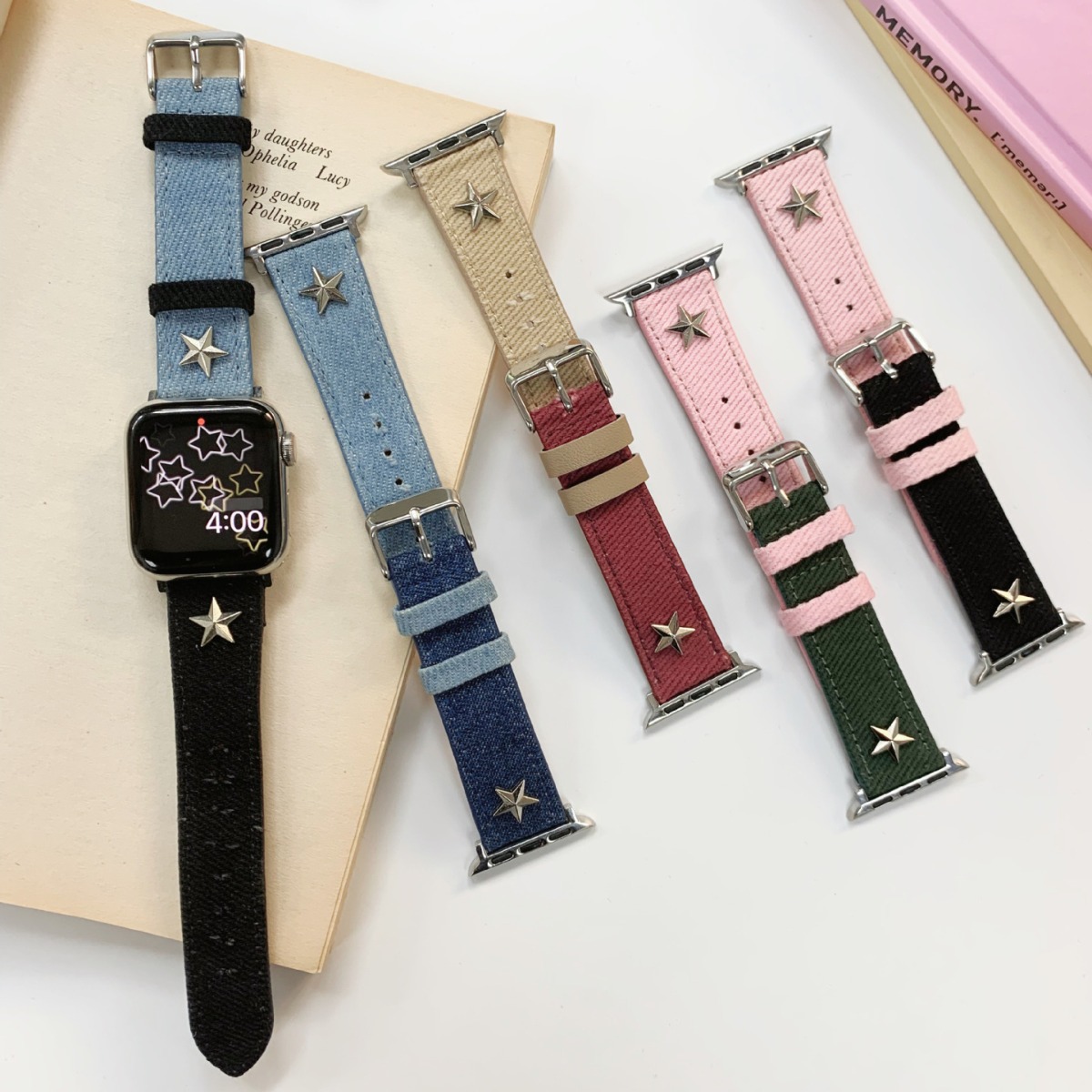 适用于苹果applewatch9代iwatch8se7654星星铆钉拼色牛仔帆布表带