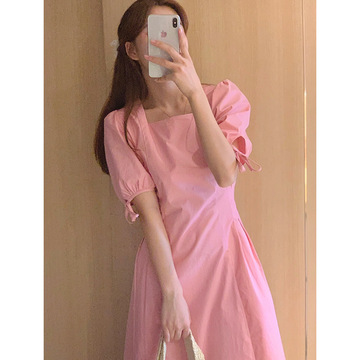 法式甜美气质粉色连衣裙女夏收腰温柔风中长款初恋裙子302