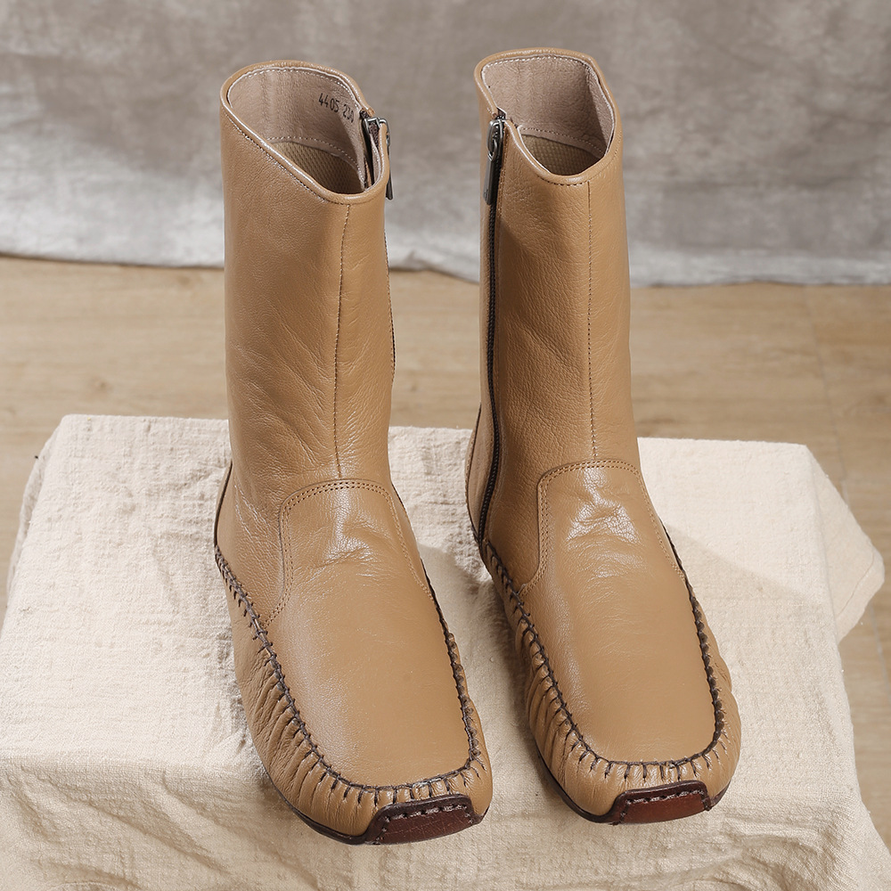 广州女鞋2021新款韩版女靴子 真皮大底手工缝制鞋复古风羊皮靴