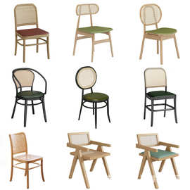 复古网红咖啡西餐厅实木编藤餐椅酒店真藤椅美式主题茶楼铁艺椅子