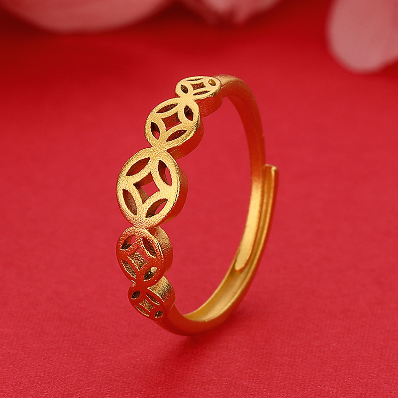 抢越南沙金铜钱戒指女金心愿币镂空指环开口精品钱币女戒货源