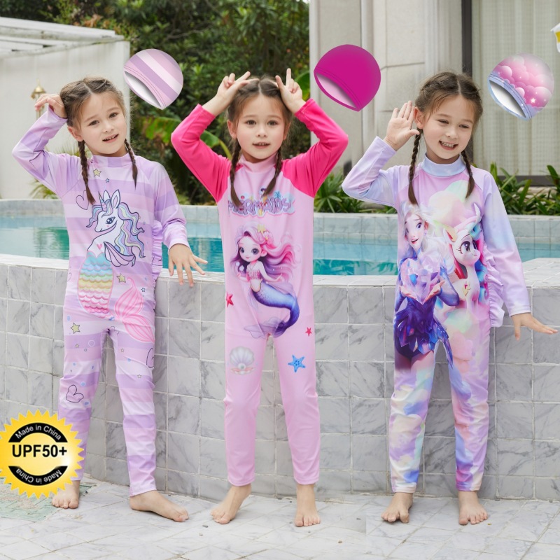 东南亚儿童泳衣女孩女童冲浪服防晒游泳衣连体长袖长裤泳装puf50