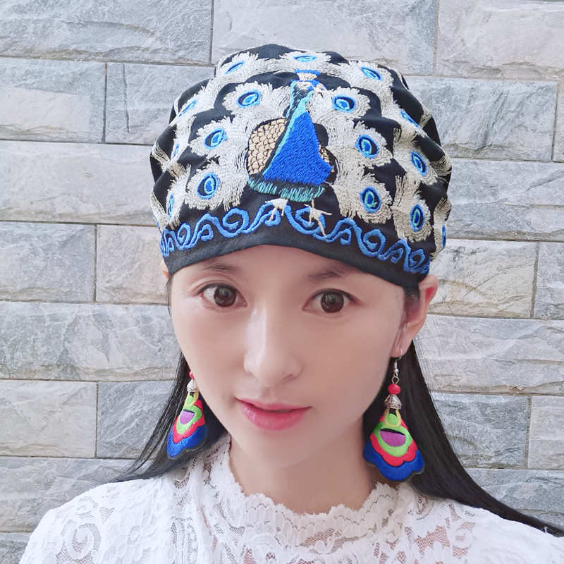 民族风绣花薄款棉麻帽子女帽孔雀开屏绣花帽子系带头巾帽包头帽子